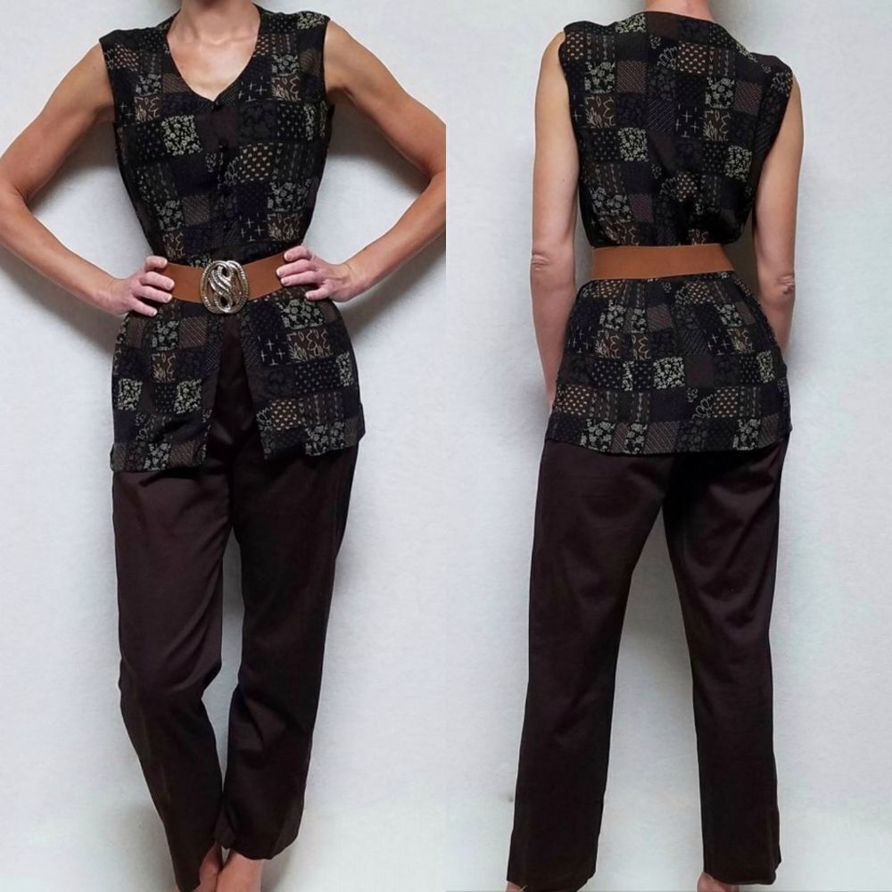 VINTAGE 90s JNY Brown Multi-print Top Pants Set